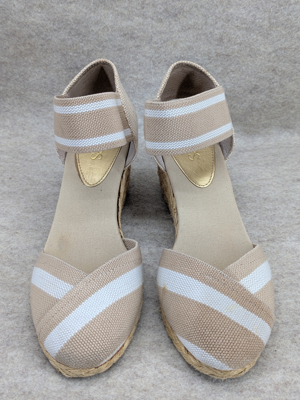 Chaps Espadrilles Wedges Canvas Ankle Strap Boho Preppy Sz 9 Beige Classic - Picture 2 of 13